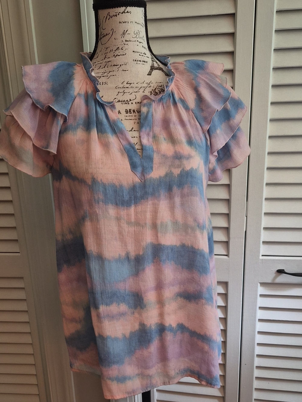 Nanette Lepore Pink and Blue Tie-Dye Ruffle Sleeve Top